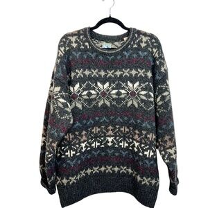 Vintage 100% wool grey fair isle knit pullover crew neck ski sweater L